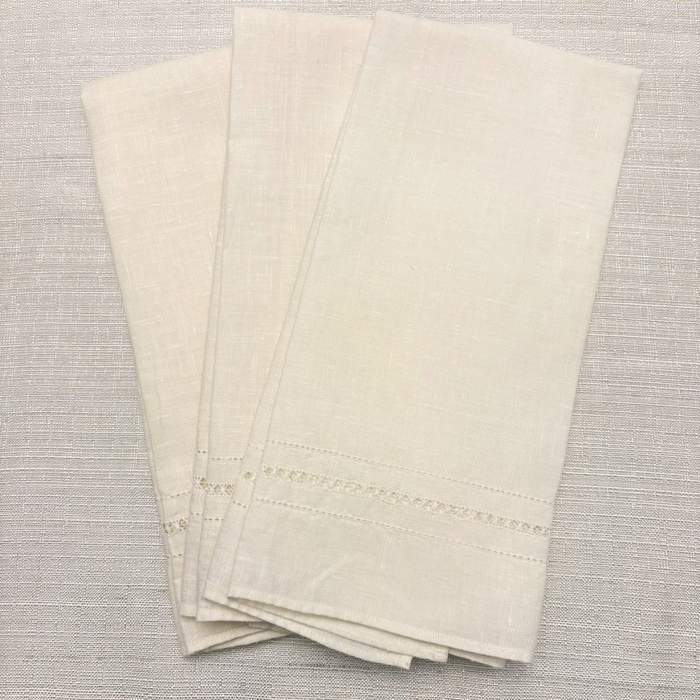 Vintage Chambers 100% Linen Hand Towels Ivory Hemstitched Drawnwork Set of 3 27.